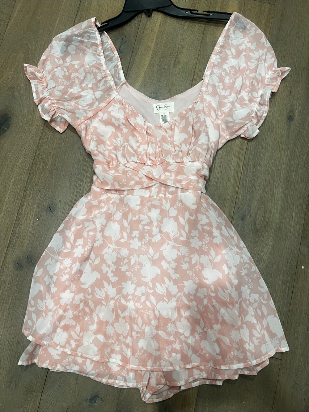 Jessica Simpson Pink and White Floral Puff-Sleeve Dress